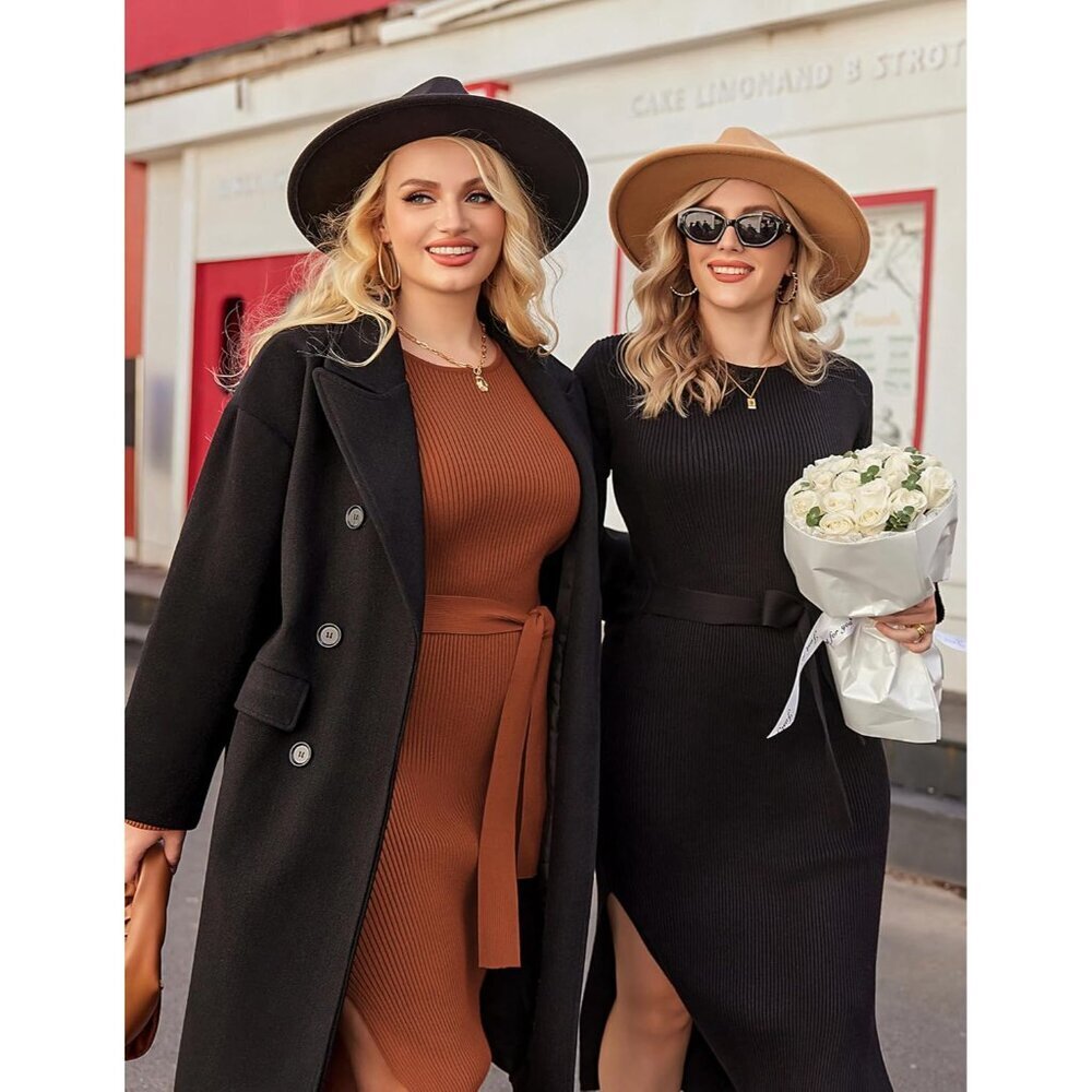 Plus Size Womens Ribbed Sweater Dress Long Sleeve Midi with Belt for Fall - Picture 3 of 5